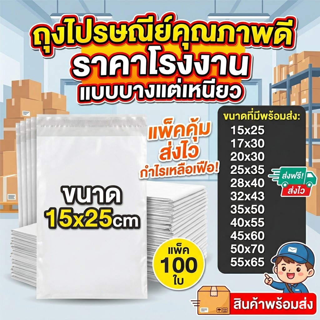 ถุงไปรษณีย์ ซองไปรษณีย์พลาสติก ถุงพัสดุ 100 ใบ 15x25cm