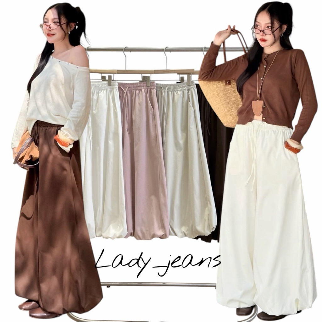 Lady_jeans#3930(Sw)กางเกงบอลลูนเอวยางยืด ผ้าร่ม ทรงมินิมอล ใส่สบาย มีซับใน | Balloon Skirt Minimal Style
