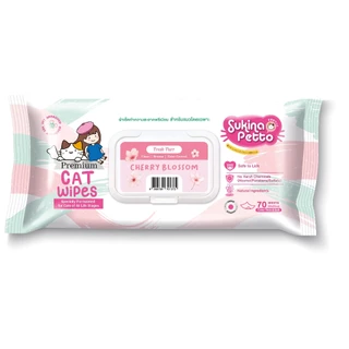 สินค้าแถมSukinaPettoผ้าเปียกสำหรับแมว กลิ่น Cherry Blossom ขนาด 70 แผ่น