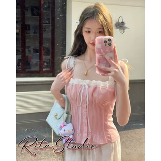 Rita พร้อมส่ง🍒เสื้อครอปท็อปลูกไม้ สีเหลือง ชมพู ขาว ดำ สไตล์วินเทจ คอสแควร์ ผ้าปักรีด คอสตูมสาวสวย ใส่สบาย