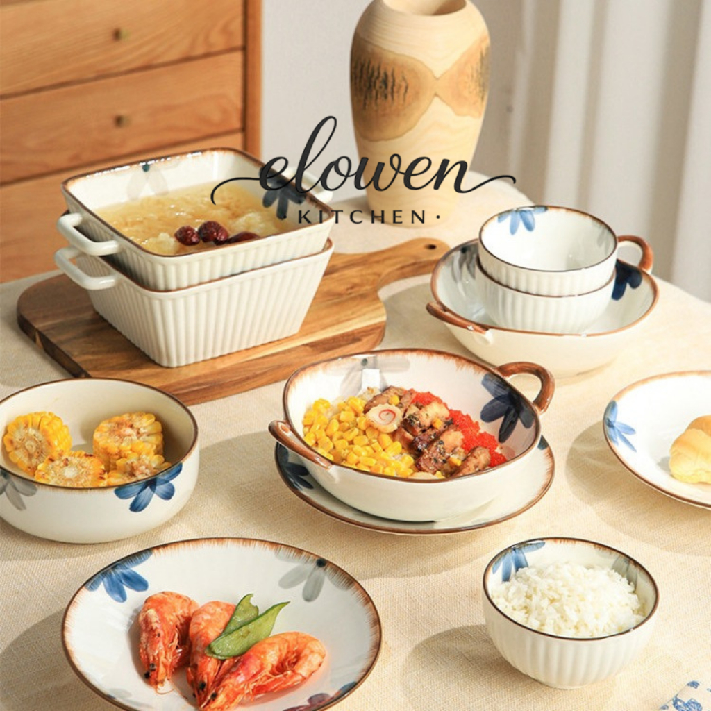 Elowen Kitchen ชุดเครื่องครัวลายดอกไม้ฟ้า จานชามดีไซน์ละมุน ราคาดี เซรามิกเนื้อหนา คุณภาพพรีเมียม เข้าไมโครเวฟได้