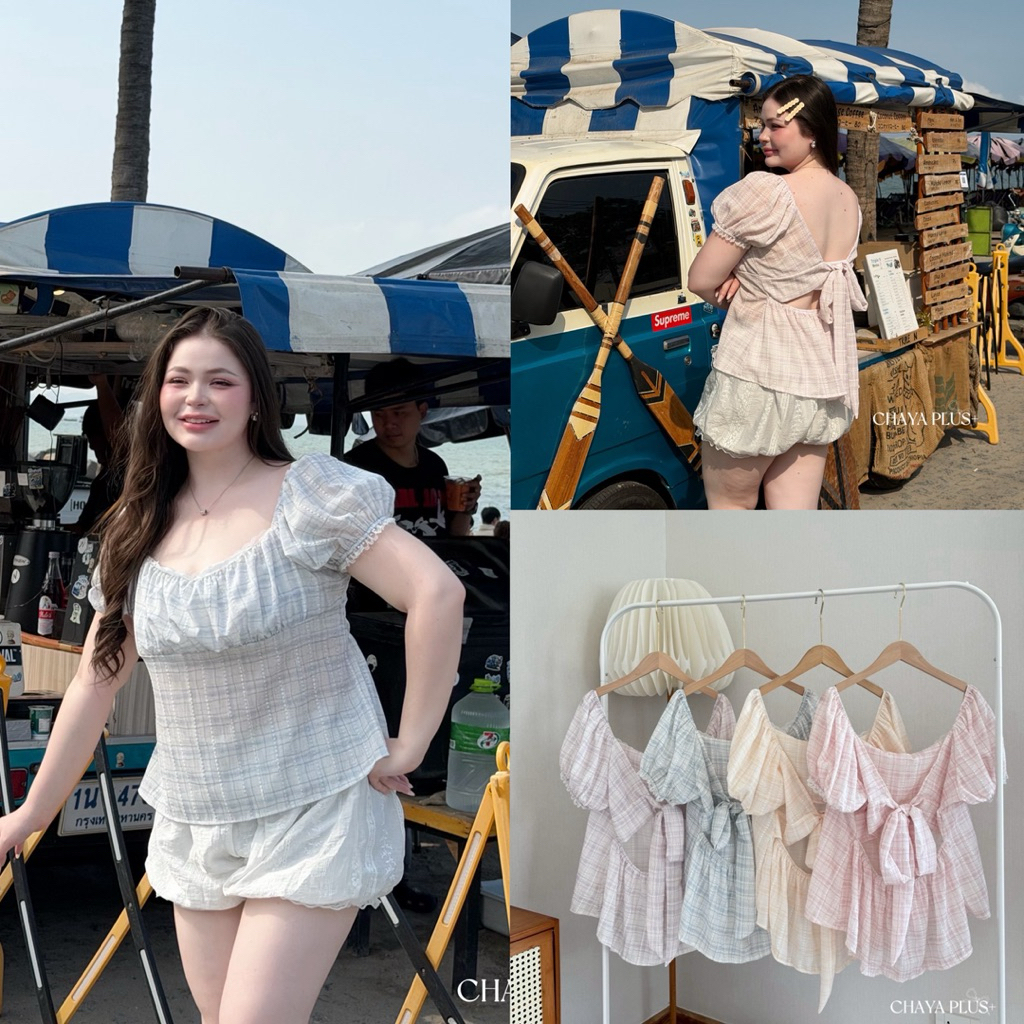 (LD) เสื้อคอเหลี่ยม ลายสก็อต ผูกโบว์หลัง สีพาสเทล น่ารัก ละมุนมาก เสื้อผ้าสาวอวบอ้วน พลัสไซส์ ไซส์ใหญ่