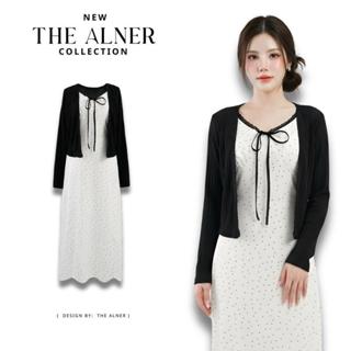 Thealner-AN081 (เดรสขาวลายจุด+เสื้อคลุมดำแขนยาว)