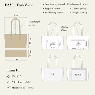 FAVE EAST-WEST กระเป๋าทรงTote สายยาวขึ้นไหล่ มีซิปปิด ผ้าไนลอน สายหนังวัวแท้