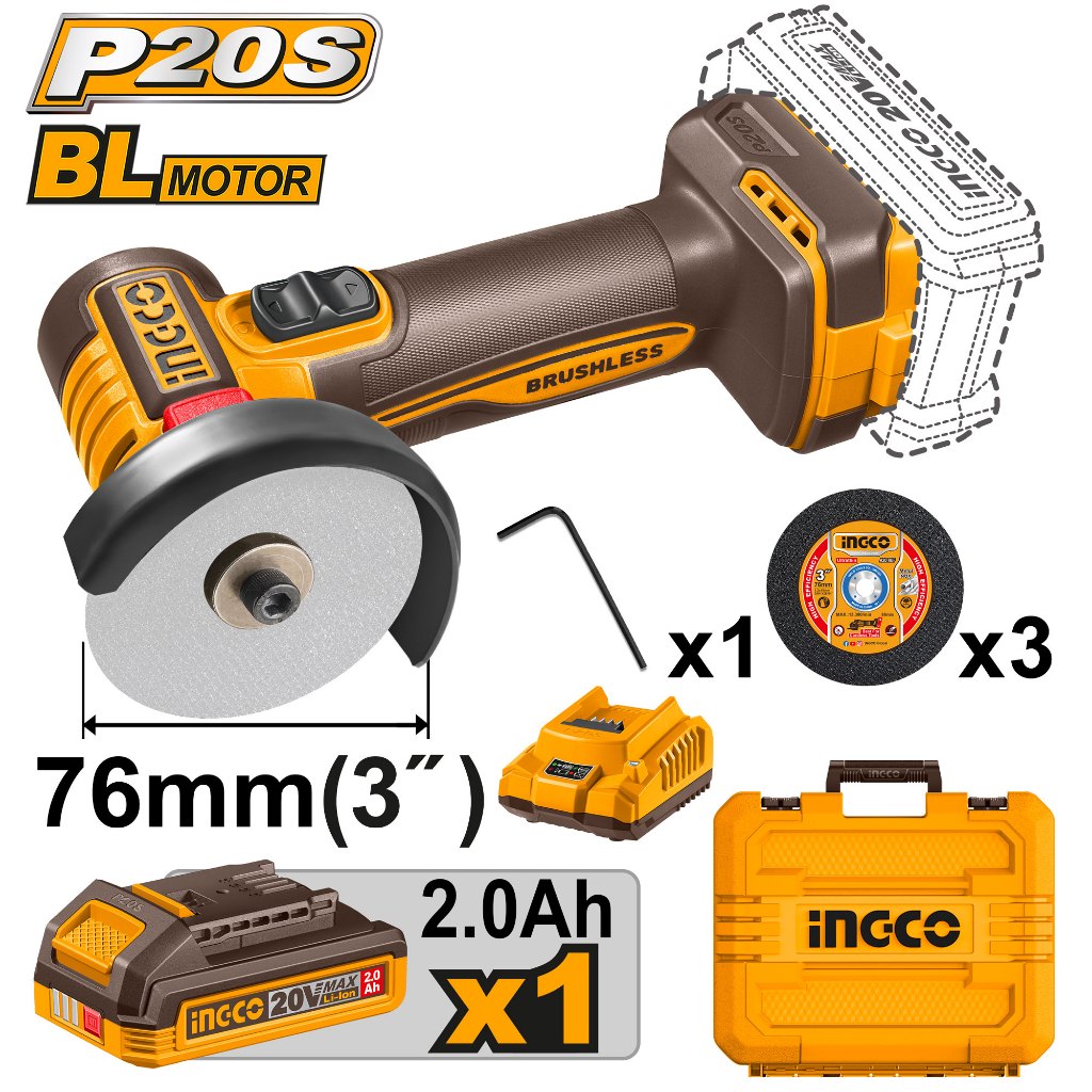 INGCO เครื่องเจียร์มินิไร้สาย 3 นิ้ว 20V  รุ่น CAGLI207625 รุ่น Brushless / CAGLI7601 รุ่นเก่า