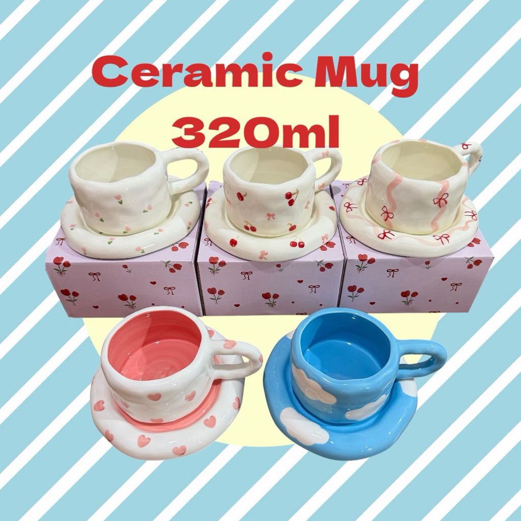 (พร้อมส่ง) แก้วมัค Ceramic mug set 2ชิ้น - เซรามิก handmade 320ml แก้วกาแฟลายน่ารัก เซตถ้วยชาจานรองแก้ว