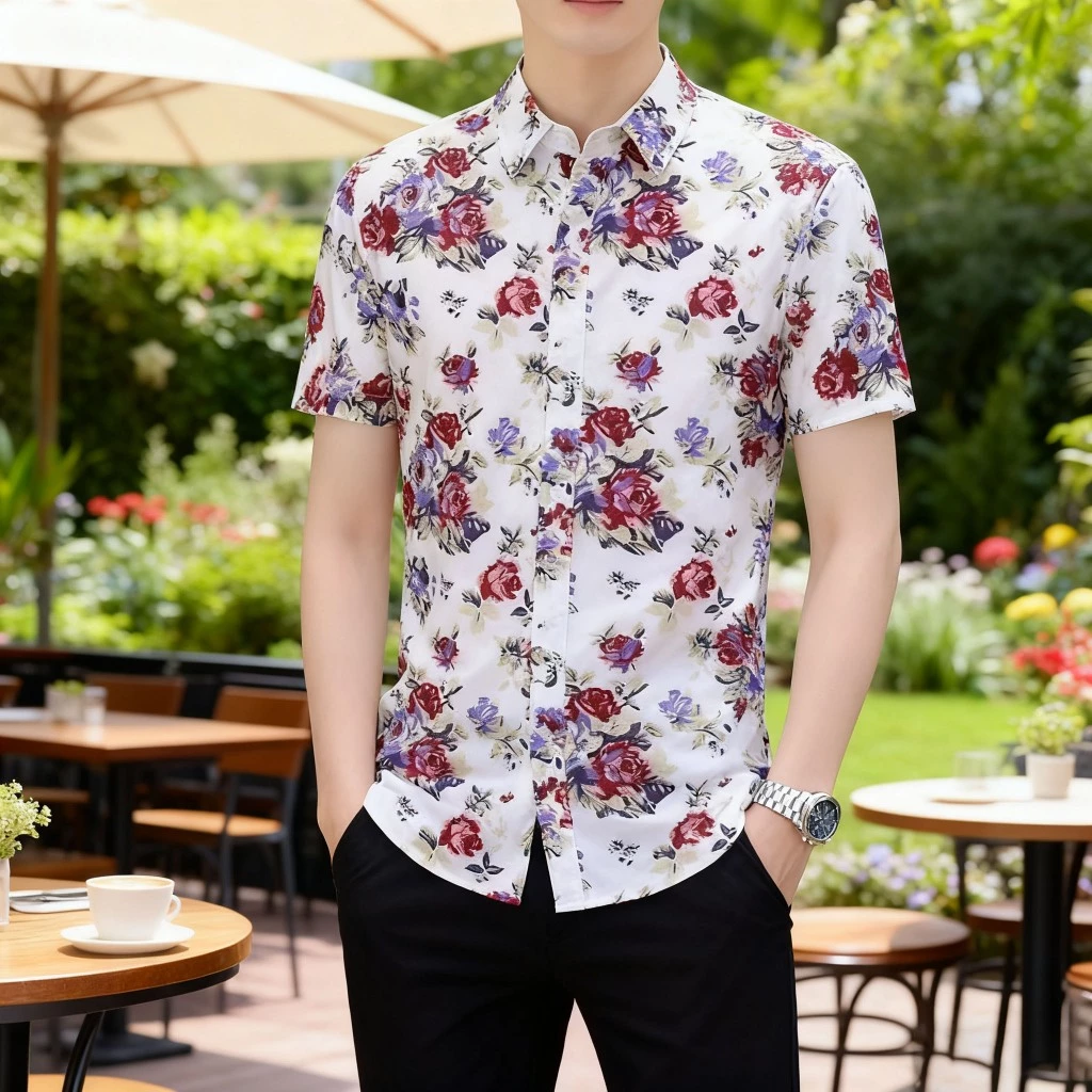 เสื้อเชิ้ตผู้ชายลายดอกแขนสั้น สไตล์วินเทจ thumbnail 6