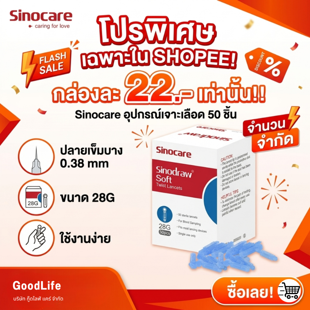 เข็มเจาะเลือด สำหรับเครื่องตรวจน้ำตาล Sinocare Sinodraw Soft Twist Lancet (1 กล่องบรรจุ 50 ชิ้น)