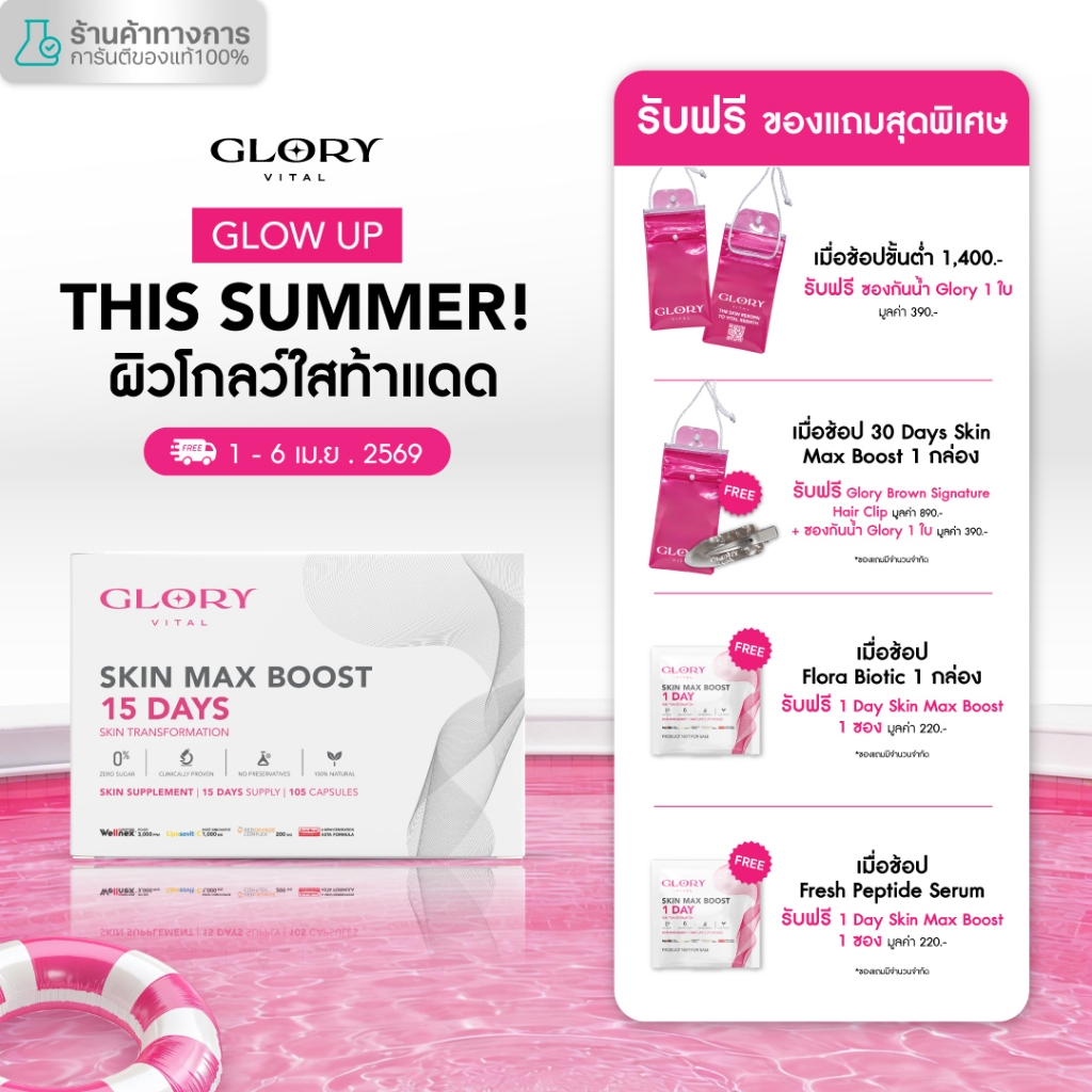 Glory 15DAYS Skin Max Boost วิตามินดริปผิว กลอรี่คอลลาเจน วิตามินซีมะเขือเทศ สารสกัดส้มสีเลือด และแอ