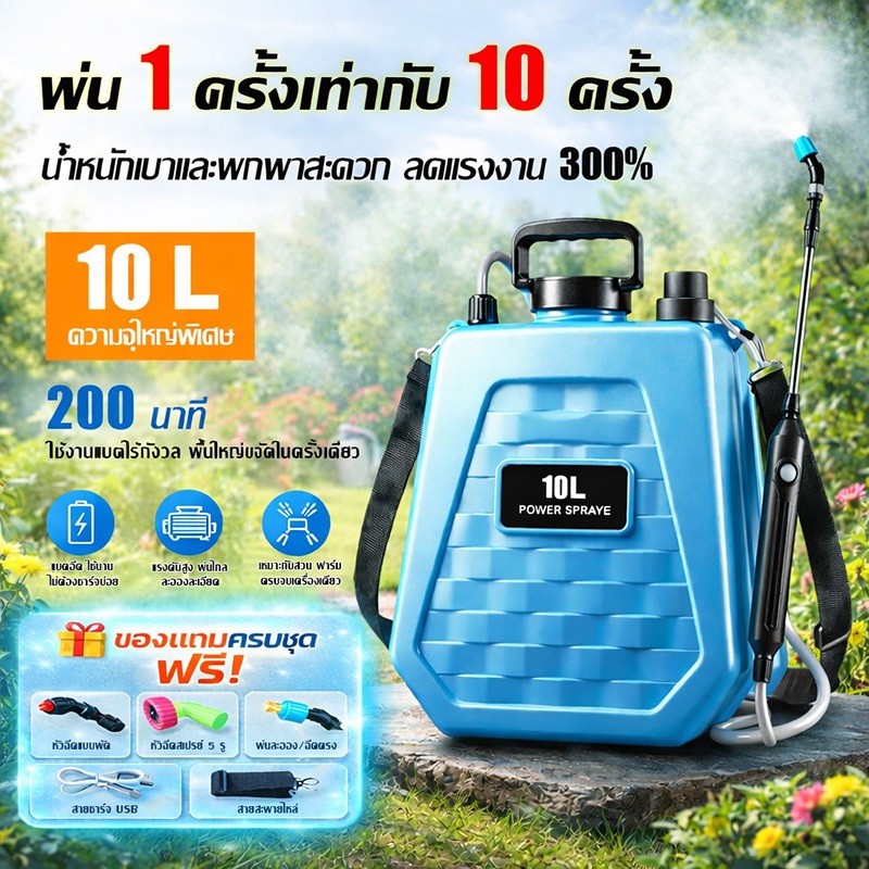 【รับประกัน10ปี】เครื่องพ่นยาไฟฟ้า 10ลิตร เครื่องพ่นยา น้ำหนักเบา ชาร์จไว การฉีดพ่น200นาทีต่อเนื่อง ถั