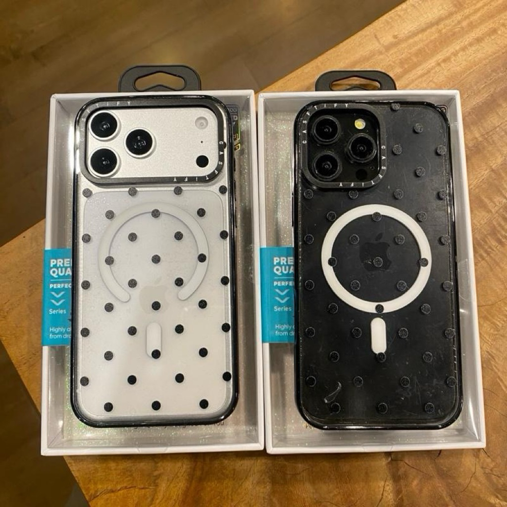 เคสอะครีลิคใสสกรีนลายจุด มีที่ชาร์จไร้สาย ขอบหนากันกระแทก ขอบผสมกลิตเตอร์