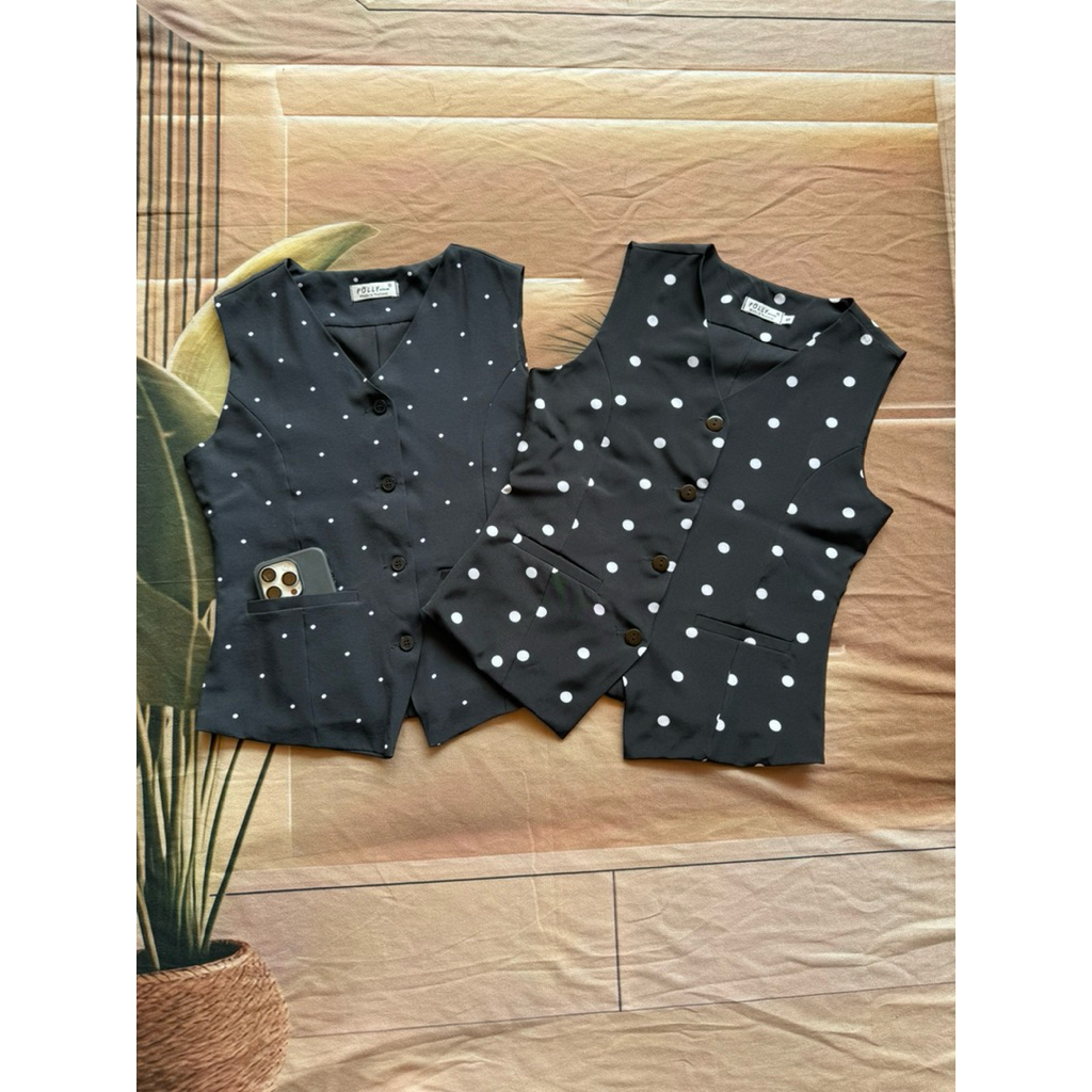 PL559 เสื้อกั๊กกระเป๋าจริงPolkadotซับในทั้งตัง ทรงเข้ารูปสวยเท่ห์มีสไตส์