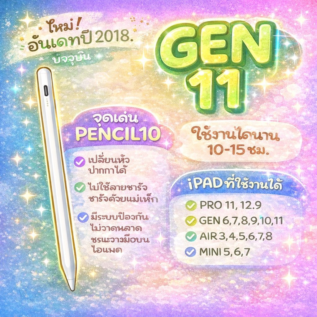 ปากกาไอแพด ทัชสกรีน วางมือบนจอ+แรเงาได้ สำหรับ Gen11 Pro11 Mini6/5(2018-2023) Pencil