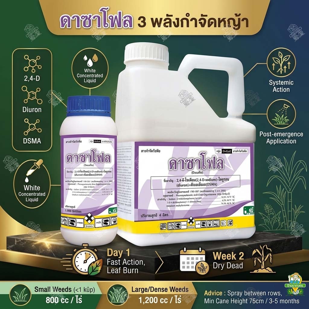 ดาซาโฟล 1ลิตร/4ลิตร กำจัดหญ้า ในไร่อ้อย 3 พลังกำจัดหญ้า หญ้าใบกว้าง ใบแคบ 2,4-ดี+ไดยูรอน+DSMA