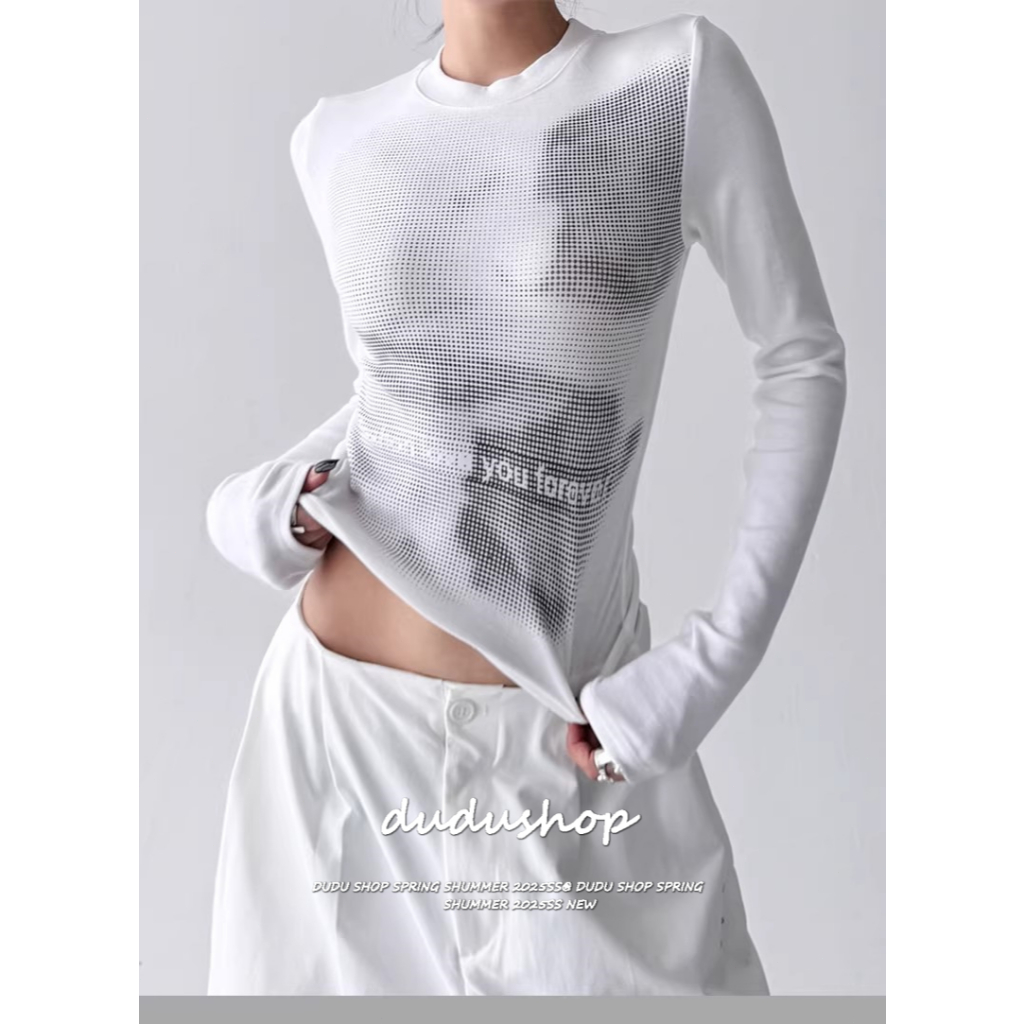 [Mesh print, long-sleeved T-shirt]สไตล์อเมริกันวินเทจผู้หญิงตาข่ายพิมพ์รอบคอกีฬาลำลองบางพอดีแขนยาวเสื้อยืด
