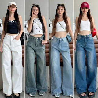 cherryshop พร้อมส่ง กางเกงยีนส์สไตล์ลิซ่าขากว้างเอวสูง ทรงสวย สบาย ใส่ได้ทุกลุค