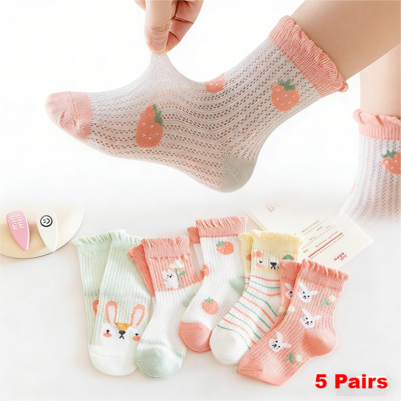 [พร้อมส่งในไทย] ถุงเท้าเด็กหญิง 5คู่ ลายสตรอว์เบอร์รี่ ตาข่ายระบายอากาศ น่ารัก เหมาะฤดูร้อน
