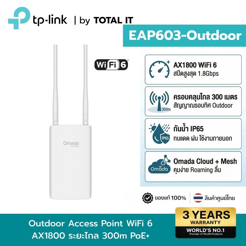 TP-Link EAP603-Outdoor AX1800 Wi-Fi 6 AP ภายนอก ทนแดดฝน ความเร็วสูง 1.8Gbps | PoE+ | Omada SDN