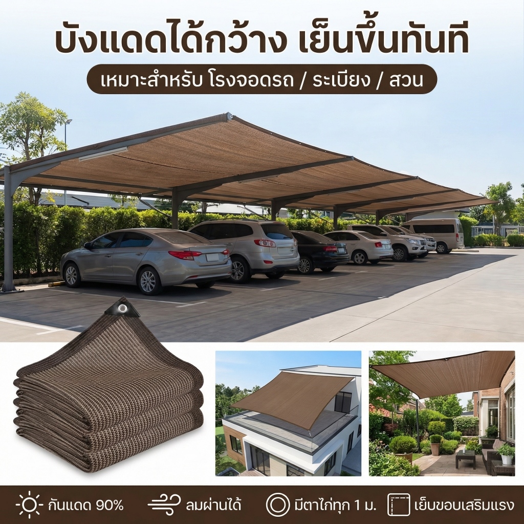 สแลนกันแดด 90-95% ตาข่ายบังแดด ทอหนาพิเศษ กัน UV ลมผ่านได้ ทนแดดฝน มีตาไก่ทุก 1 ม. เย็บขอบเสริมแรง วัสดุ PE