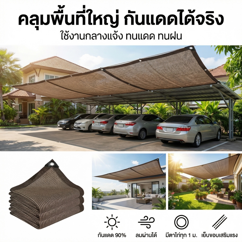 สแลนกันแดด 95% กันแดดรถยนต์/ระเบียง ตาข่ายบังแดด ทอหนาพิเศษ ทนทาน กัน UV ลมผ่านได้ มีตาไก่ทุก 1 ม. ผ้าใบกันแดด
