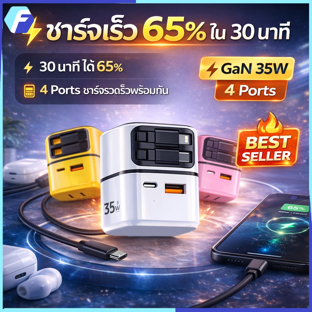 【COD】ชุดชาร์จเร็ว 35W GaN Charger USB-C USB-A 2 พอร์ต พร้อมสายชาร์จยืดหด สำหรับ iPhone Android Type-C