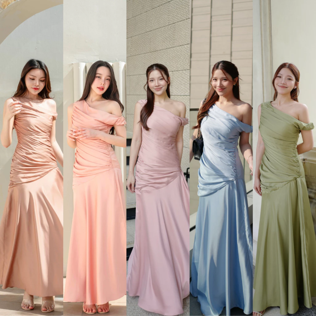 Pirunya - Long Dress 18 เดรสยาว ไหล่เดียว แขนกุด จับเดรป รูดเฉลียง กระโปรงระบาย