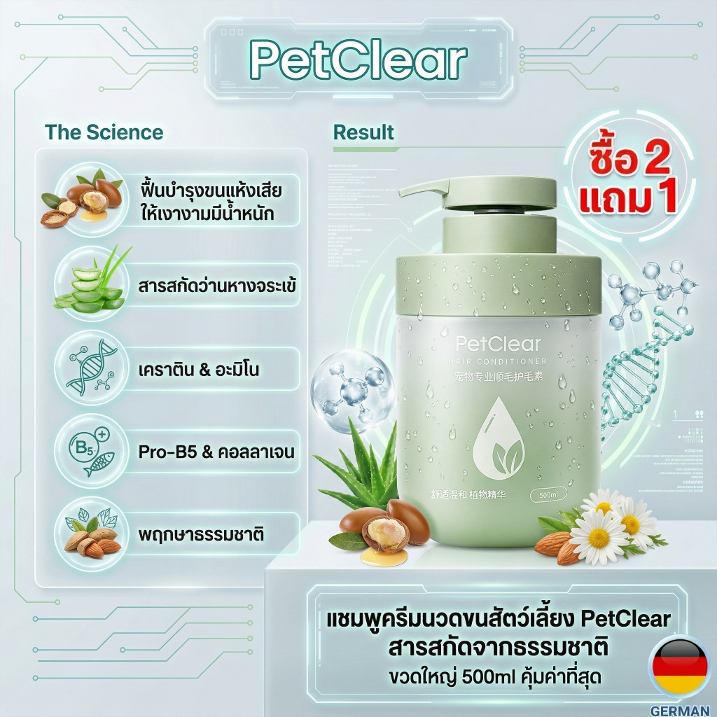 PetClear Hair Conditioner ครีมนวดขนแมว ครีมนวดหมา สูตรธรรมชาติ 100% ไม่ระคายเคือง 500ml