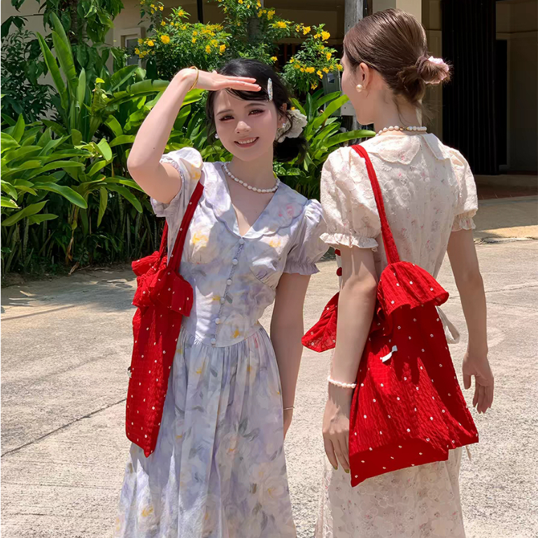 พร้อมส่ง/เดรสแขนสั้นดีไซน์ฝรั่งเศส เดรสยาว ใหม่ชุด2ชิ้น
