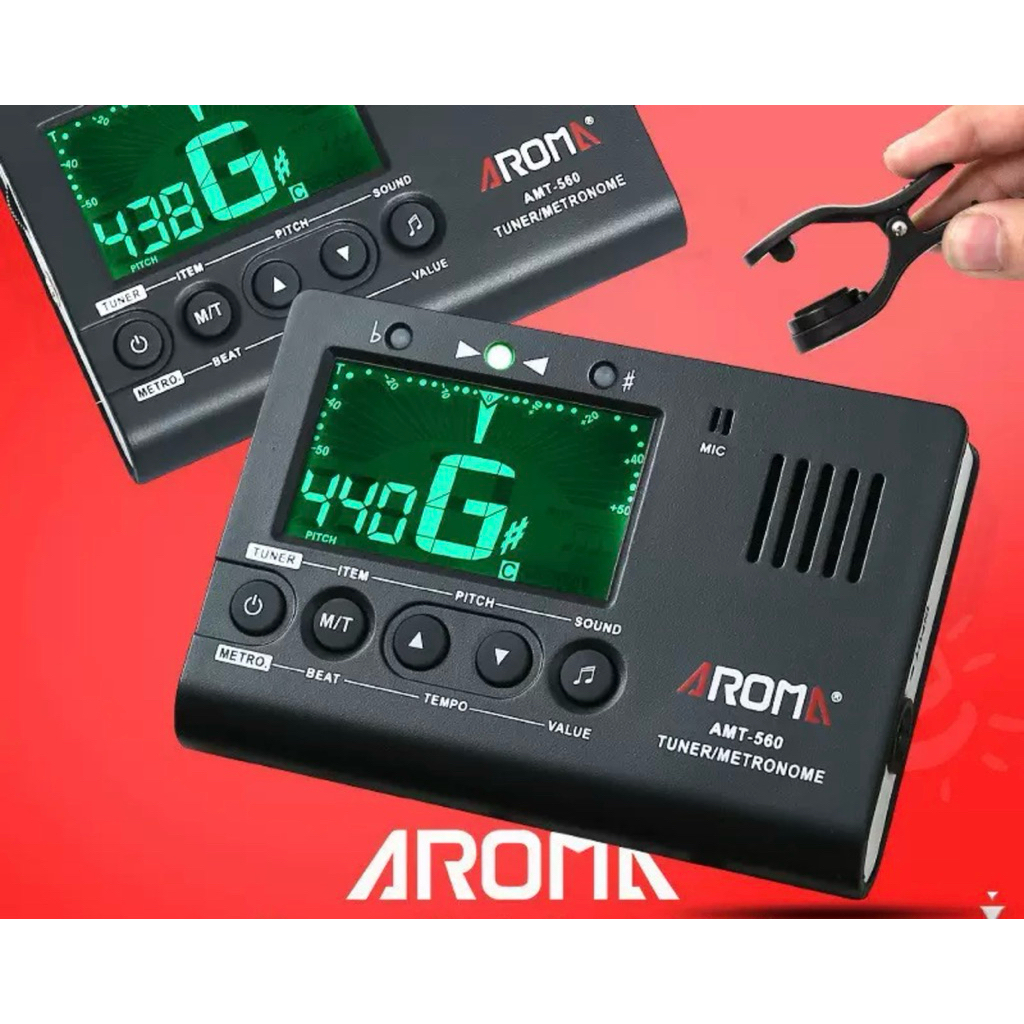 Aroma AMT-560 จูนเนอร์ไฟฟ้า & เครื่องเมตรอนอม Metronome ไมโครโฟนในตัวพร้อมสายเคเบิ้ล 6.3 มม. สำหรีบกีตาร์ เบส ไวโอลิน