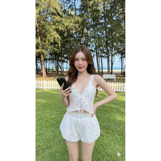 @PReM ชุดเซทผ้าโรซี่งานลุคคุณหนูแต่งอะไหล่ลูกไม้กางเกงบอลลูนทรงน่ารัก