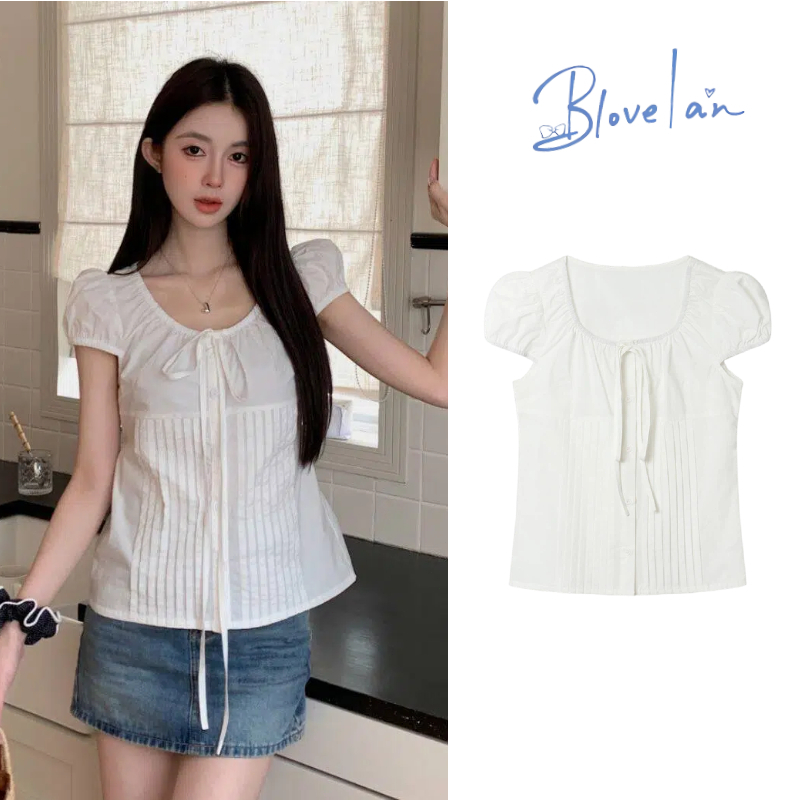 เสื้อยืดแขนสั้น ขาว เสื้อแขนตุ๊กตา สีพื้น แฟชั่น เสื้อครอปคอกว้างแ เวอร์ชั่นเกาหลี