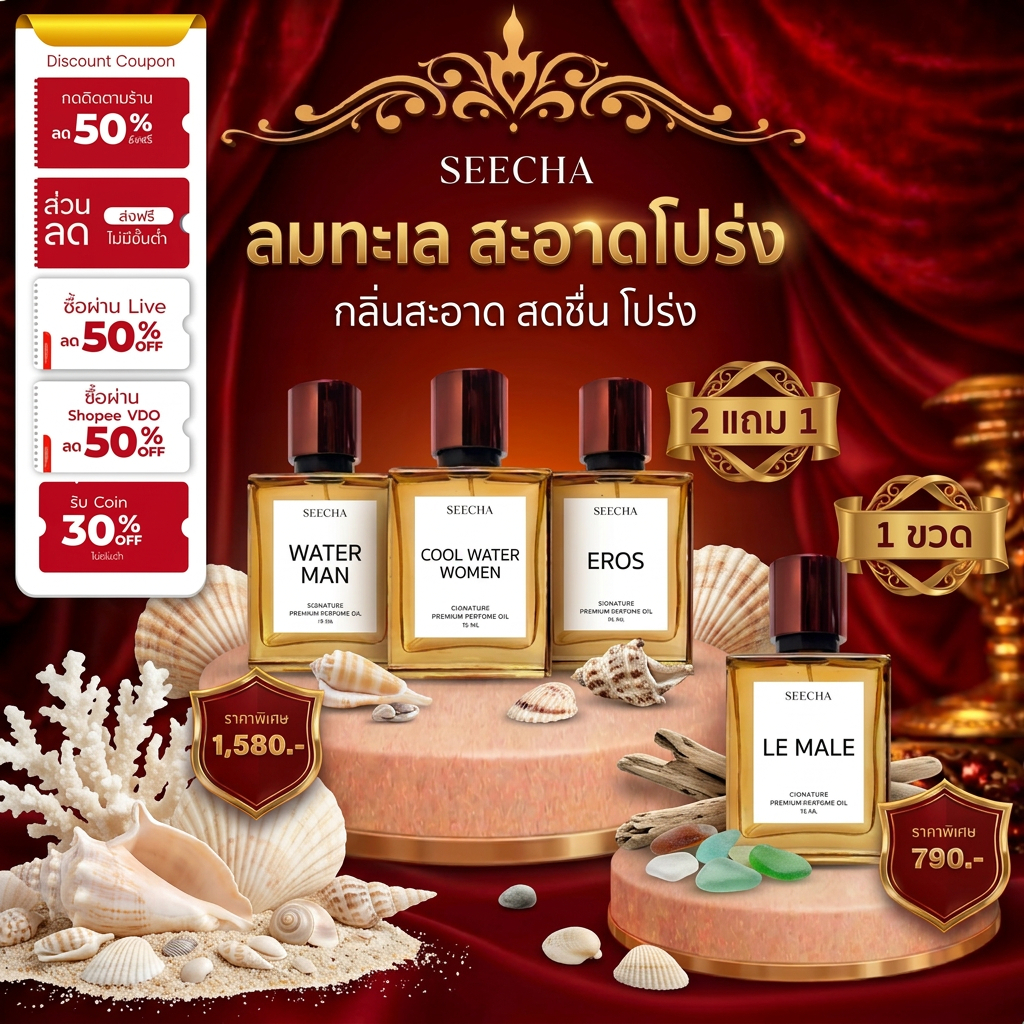 {กด 3 ชิ้น เพื่อรับโปร 2แถม1} Seecha Ocean Breeze ลมทะเล สะอาดโปร่ง กลิ่นสะอาด สดชื่น โปร่ง น้ำหอมสีชา 50 ml.
