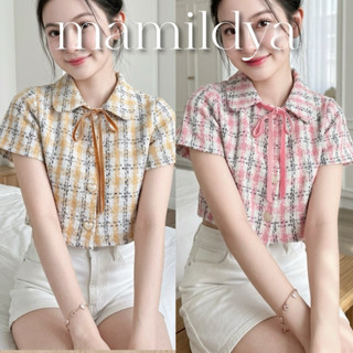 🌷 แถมริบบิ้น⭐️เสื้อครอปทวิตคอปกแขนสั้น  / D1-2 //COOK-ริบสี⚫