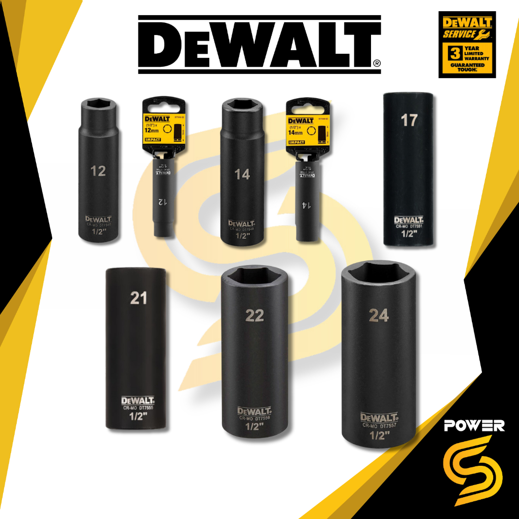 Dewalt ลูกบล็อกซ์ยาว 1/2 นิ้ว(4 หุน) ขนาด 12-24 มม. DT7546 - DT7557