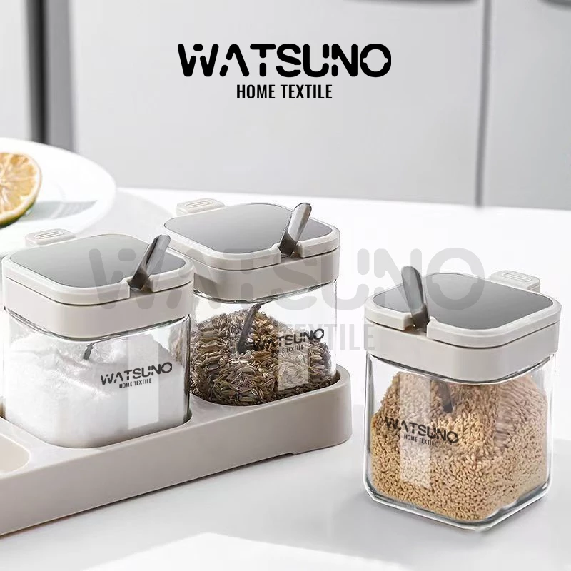 Watsuno.กระปุกแก้วใส่เครื่องปรุง เกรดอาหาร ที่ใส่เครื่องปรุงมีด้ามจับ พร้อมช้อนตัก ขนาด 300ML