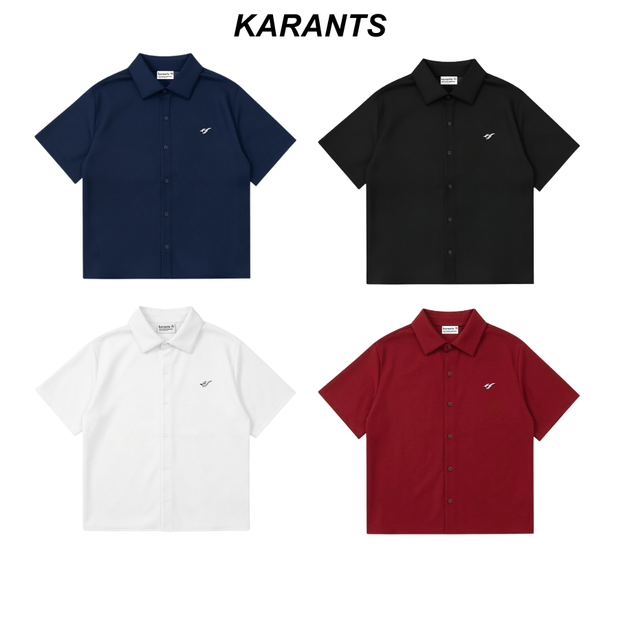 Karants เสื้อเชิ้ตสีพื้นโลโก้โลหะ ผ้า Cotton เย็น Premium Form Cropped Boxy สำหรับผู้ชายและผู้หญิง- 