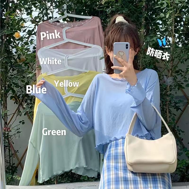 GAKKI รุ่น Y1A67# เสื้อซีทรู Y2K เสื้อเอวลอย คอปาด ระบายลอนเกลียว แขนยาวซีทรู ใส่น่ารักSexy พร้อมส่ง