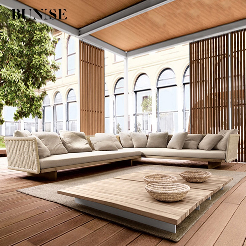BUNISE P22 Outdoor Rattan Sofa Set, Teak Wood, Waterproof UV-Resistant, Garden Patio Hotel