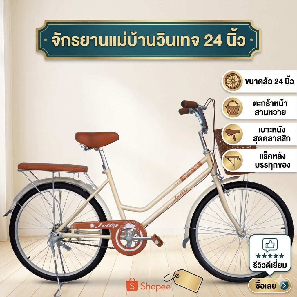 จักรยาน แม่บ้าน สไตล์วินเทจ ขนาดวงล้อ 24นิ้ว เฟรมแข็งแรง ขอบล้ออลู  (รับประกันเฉพาะตัวเฟรม 5 ปี)