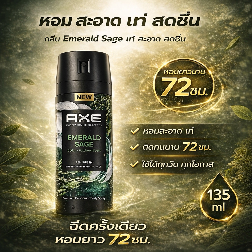 AXE Premium Emerald Sage 135 ml. ความหอมที่ให้ฟีล สะอาด เท่ สุขุม กลิ่นโทนเขียว สดชื่นแบบธรรมชาติ ผส