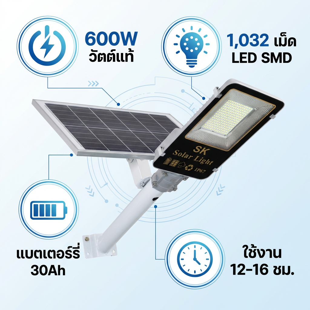 โคมไฟถนนโซล่าเซลล์ C600W วัตต์แท้1032SMD IP67 สว่าง12-16ชม.ส่อง500ตร.ม.รับประกัน2ปี พร้อมส่งSK.solar ราคา ถูกที่สุด ดีลบีเคเค แกลเลอรีภาพที่ 3