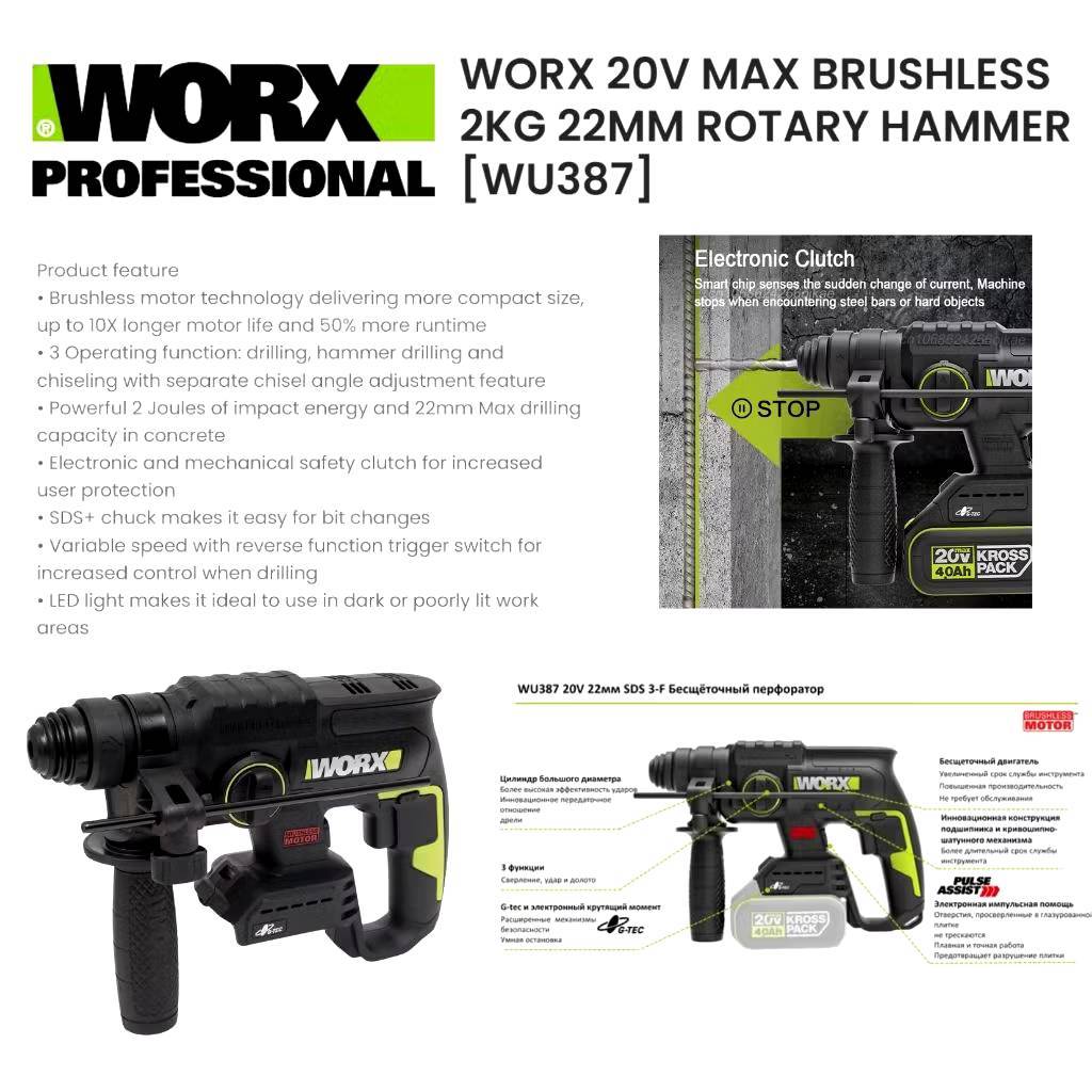 WORX WU387.9 สว่านโรตารี่ ไร้สาย 20V