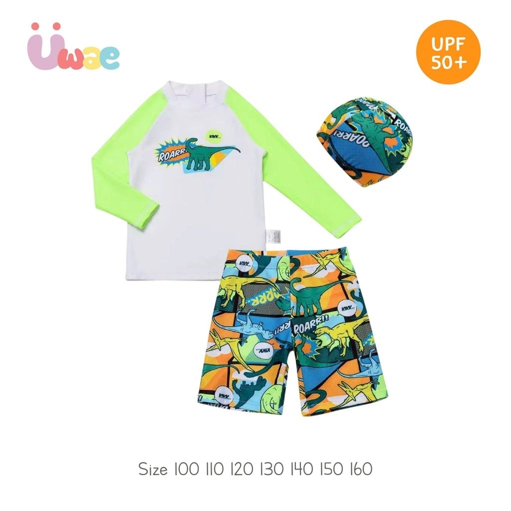 Uwae ชุดว่ายน้ำเด็กกันยูวีแขนยาวขาสั้นแยกชิ้น มีหมวก Roar dino รุ่น UV492