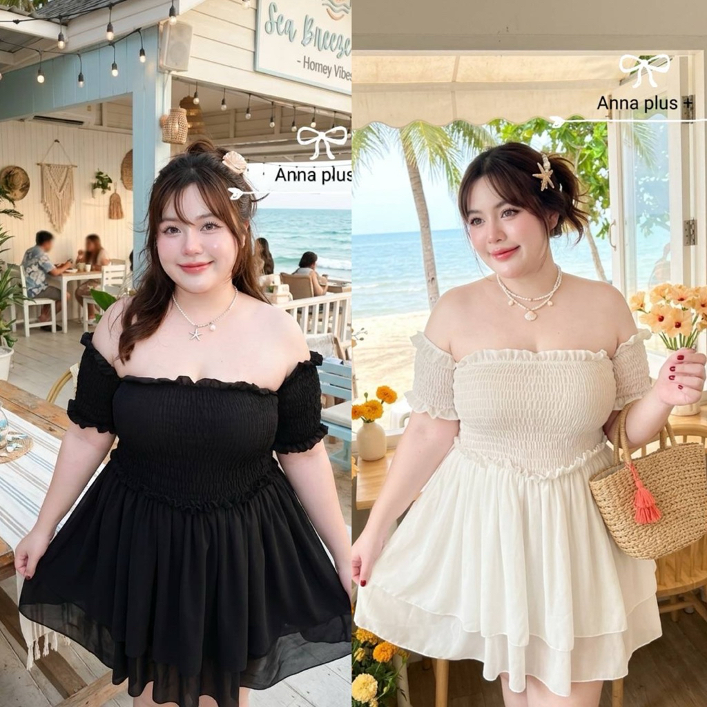a เดรสเกาะอกต่อแขน ผ้าชีฟอง สม็อคแขนอก รอบตัว มีซับในกางเกง