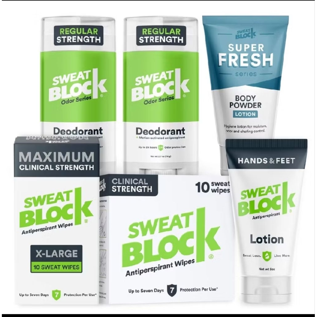 SweatBlock Wipes / Hand & Feet Lotion / Deodorant / Roll-On Faces wipes