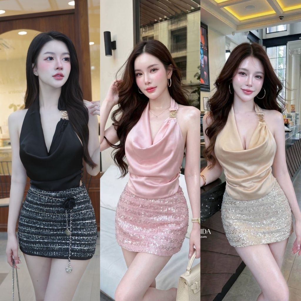 Sunida ชุดเซต3ชิ้น เสื้อคล้องคอสีPink คอถ่วงผ้าซาตินโชว์ด้านหลัง+ กระโปรงผ้าทวีต