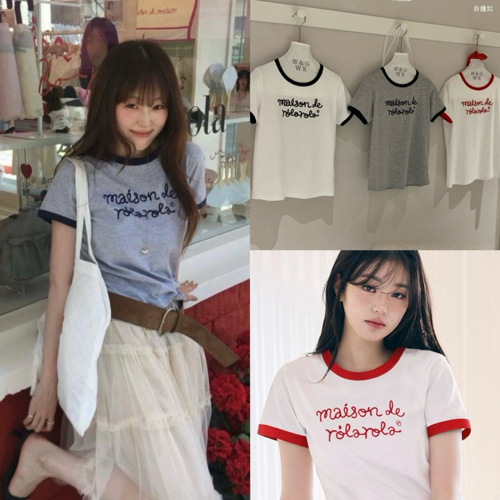 9183# เสื้อแขนสั้นคอกลม ปักลายช่วงอก เนื้อผ้าดี งานสวย TAG:WG.WE 🇰🇷
