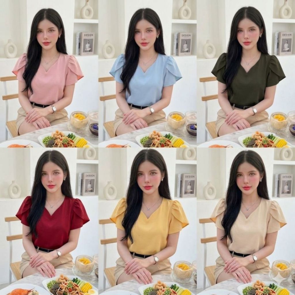 Hot 🔥 รุ่นแขนสั้นกลีบบัว คอวีโค้งมลเสื้อทำงานสาวออฟฟิศ อก32-44นิ้วเสื้อตัวปล่อยสวยใส่สบาย ส่งไว