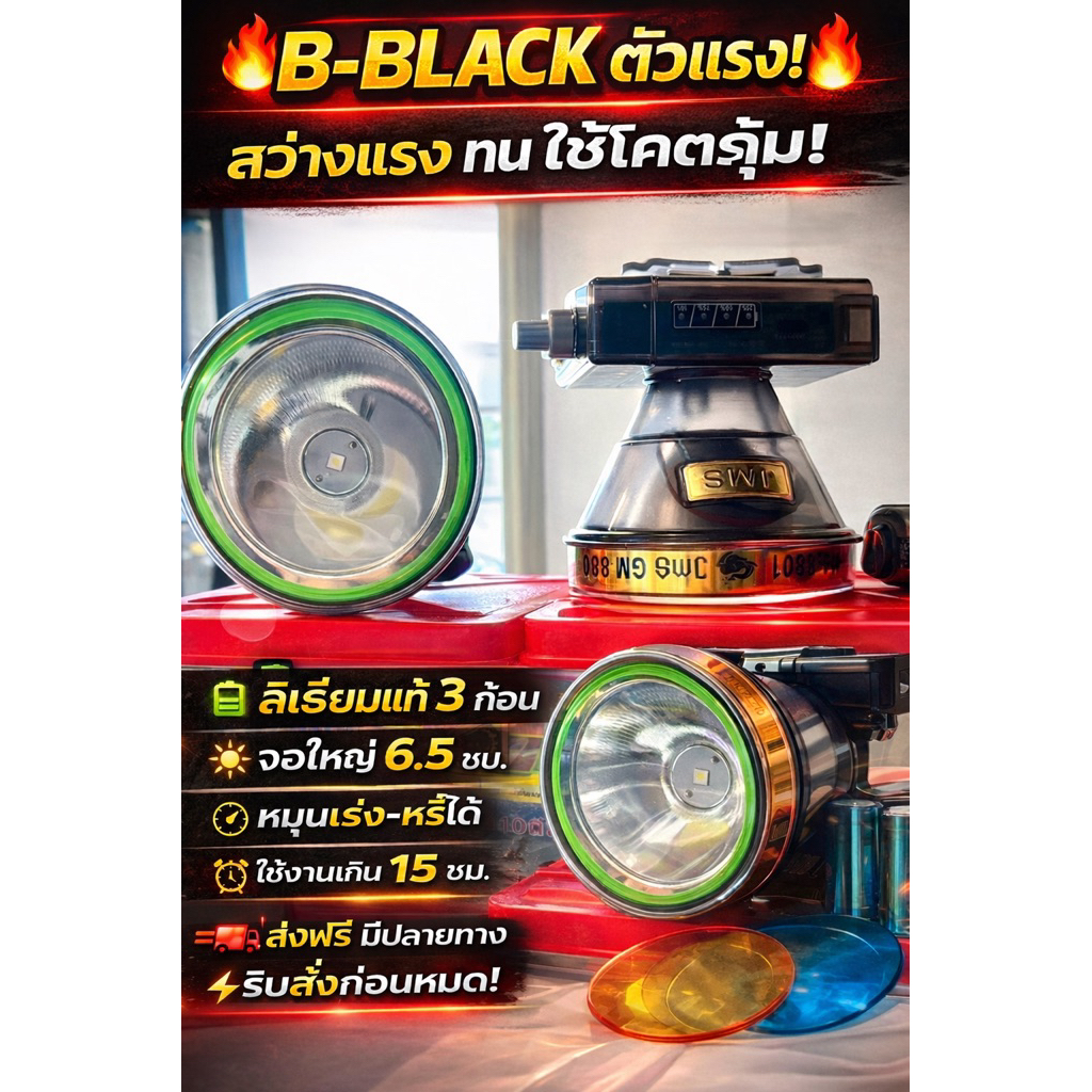 ไฟฉาย B-Black แบตเตอรี่3จอ7ซม