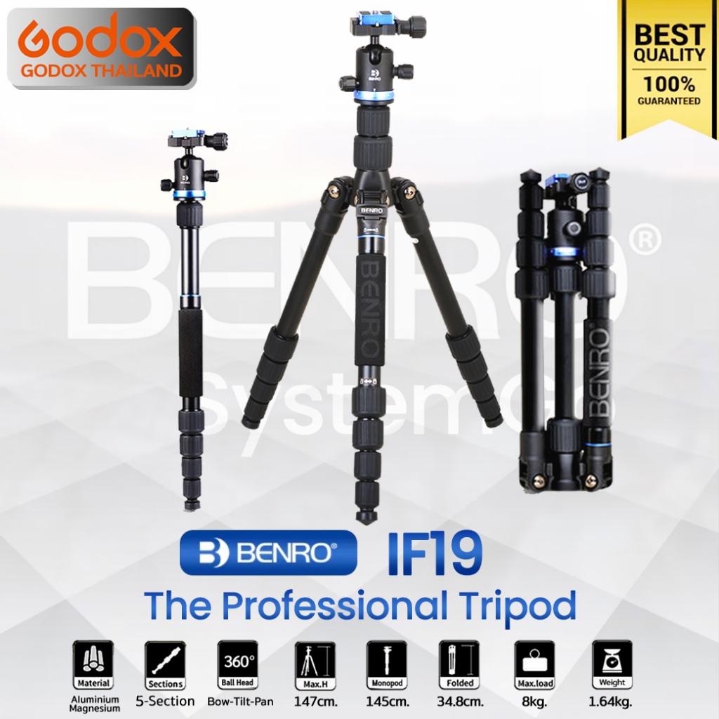 ลดล้างสต๊อก บางตัวอาจมีตำหนิ - Benro Tripod IF19 ขาตั้งกล้อง อเนกประสงค์ Monopod, กางราบ, กลับหัว / Godox Thailand